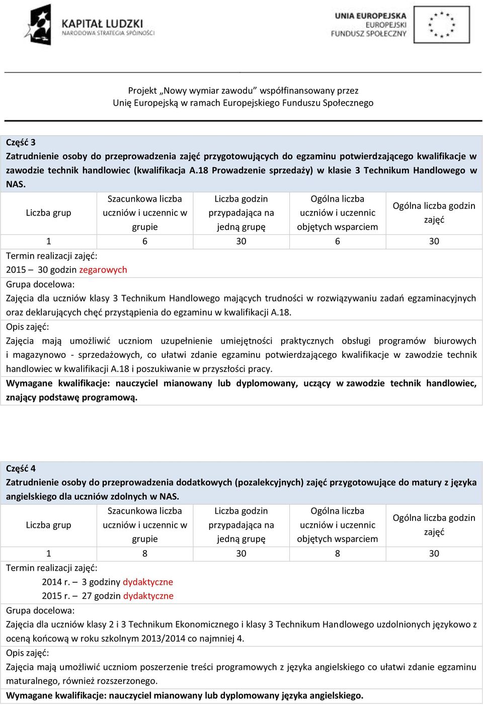 gdzin 1 6 30 6 30 2015 30 gdzin zegarwych Zajęcia dla uczniów klasy 3 Technikum Handlweg mających trudnści w rzwiązywaniu zadań egzaminacyjnych raz deklarujących chęć przystąpienia d egzaminu w