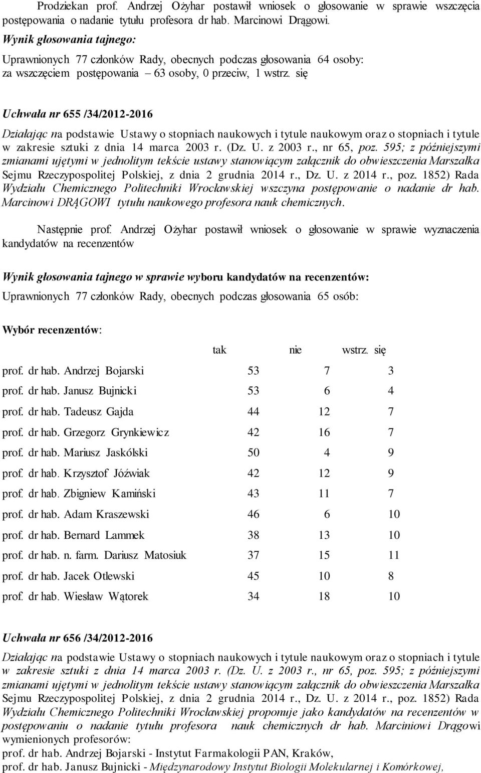 się Uchwała nr 655 /34/2012-2016 Działając na podstawie Ustawy o stopniach naukowych i tytule naukowym oraz o stopniach i tytule w zakresie sztuki z dnia 14 marca 2003 r. (Dz. U. z 2003 r.