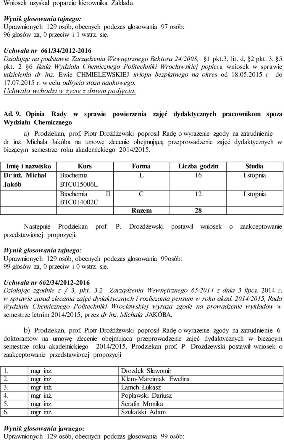 2 6 Rada Wydziału Chemicznego Politechniki Wrocławskiej popiera wniosek w sprawie udzielenia dr inż. Ewie CHMIELEWSKIEJ urlopu bezpłatnego na okres od 18.05.2015 r do 17.07.2015 r. w celu odbycia stażu naukowego.