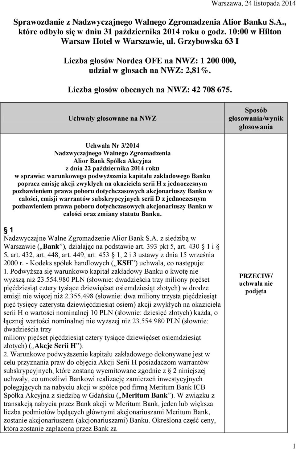 Uchwały głosowane na NWZ Sposób głosowania/wynik głosowania Uchwała Nr 3/2014 Nadzwyczajnego Walnego Zgromadzenia Alior Bank Spółka Akcyjna z dnia 22 października 2014 roku w sprawie: warunkowego