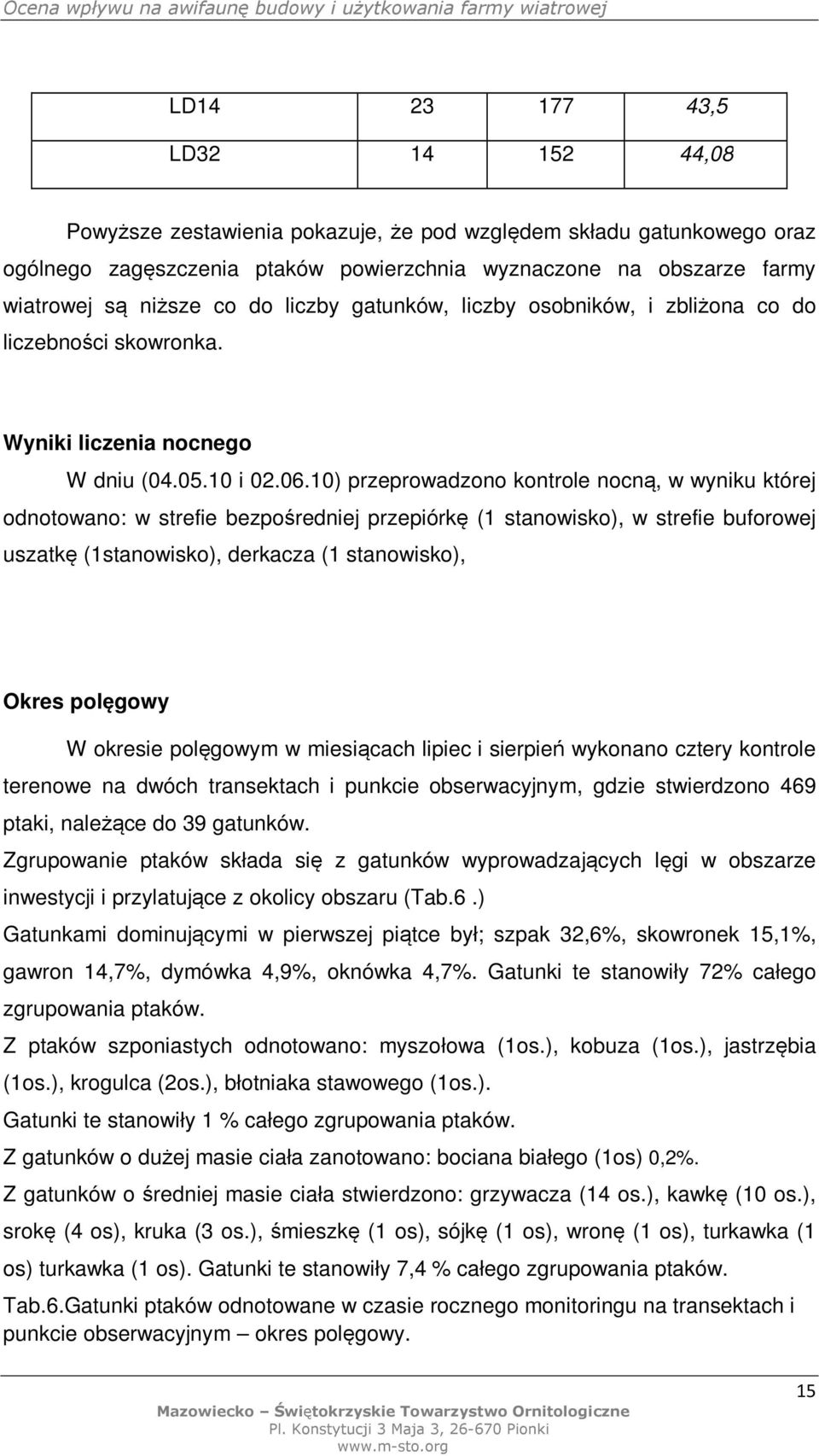 10) przeprowadzono kontrole nocną, w wyniku której odnotowano: w strefie bezpośredniej przepiórkę (1 stanowisko), w strefie buforowej uszatkę (1stanowisko), derkacza (1 stanowisko), Okres polęgowy W