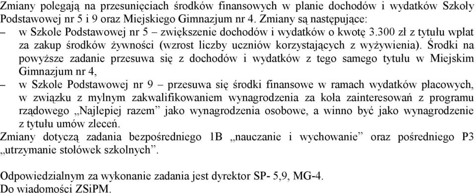Środki na powyższe zadanie przesuwa się z dochodów i wydatków z tego samego tytułu w Miejskim Gimnazjum nr 4, w Szkole Podstawowej nr 9 przesuwa się środki finansowe w ramach wydatków płacowych, w
