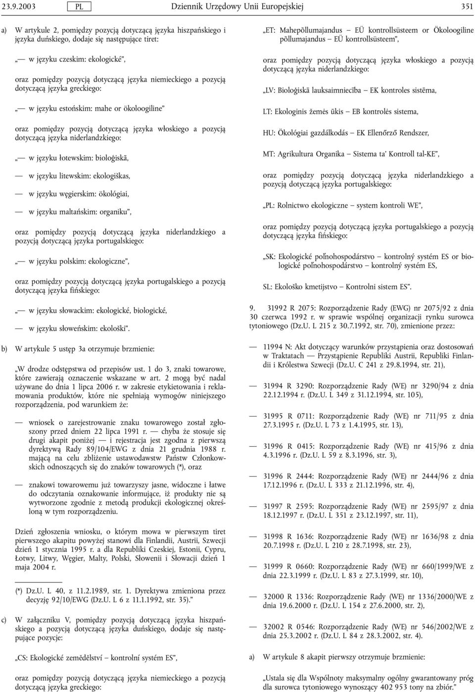 lotewskim: bioloģiskā, w języku litewskim: ekologiškas, w języku węgierskim: ökológiai, w języku maltańskim: organiku, oraz pomiędzy pozycją dotyczącą języka niderlandzkiego a pozycją dotyczącą