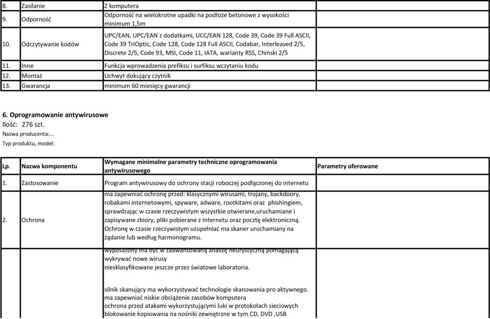 11, IATA, warianty RSS, Chiński 2/5 11. Inne Funkcja wprowadzenia prefiksu i surfiksu wczytaniu kodu 12. Montaż Uchwyt dokujący czytnik 13. Gwarancja minimum 60 miesięcy gwarancji 6.