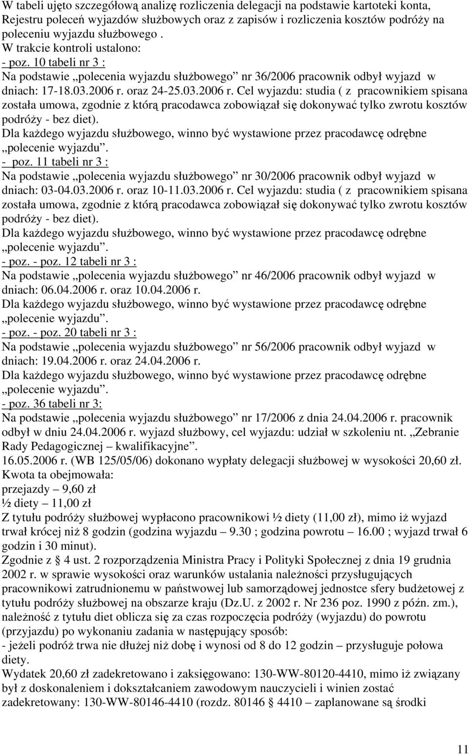 oraz 24-25.03.2006 r. Cel wyjazdu: studia ( z pracownikiem spisana została umowa, zgodnie z którą pracodawca zobowiązał się dokonywać tylko zwrotu kosztów podróży - bez diet).