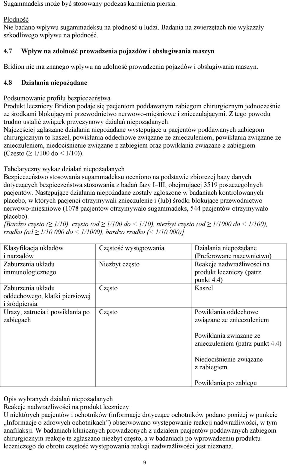 8 Działania niepożądane Podsumowanie profilu bezpieczeństwa Produkt leczniczy Bridion podaje się pacjentom poddawanym zabiegom chirurgicznym jednocześnie ze środkami blokującymi przewodnictwo