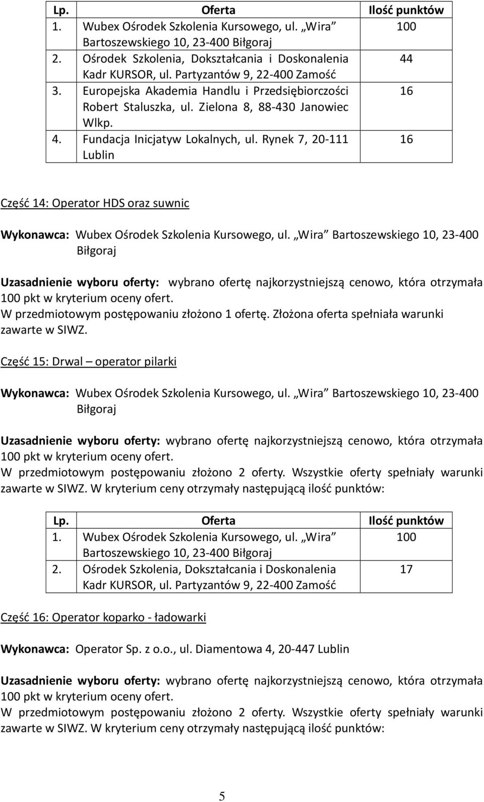 Rynek 7, 20-111 16 Część 14: Operator HDS oraz suwnic W przedmiotowym postępowaniu złożono 1 ofertę.