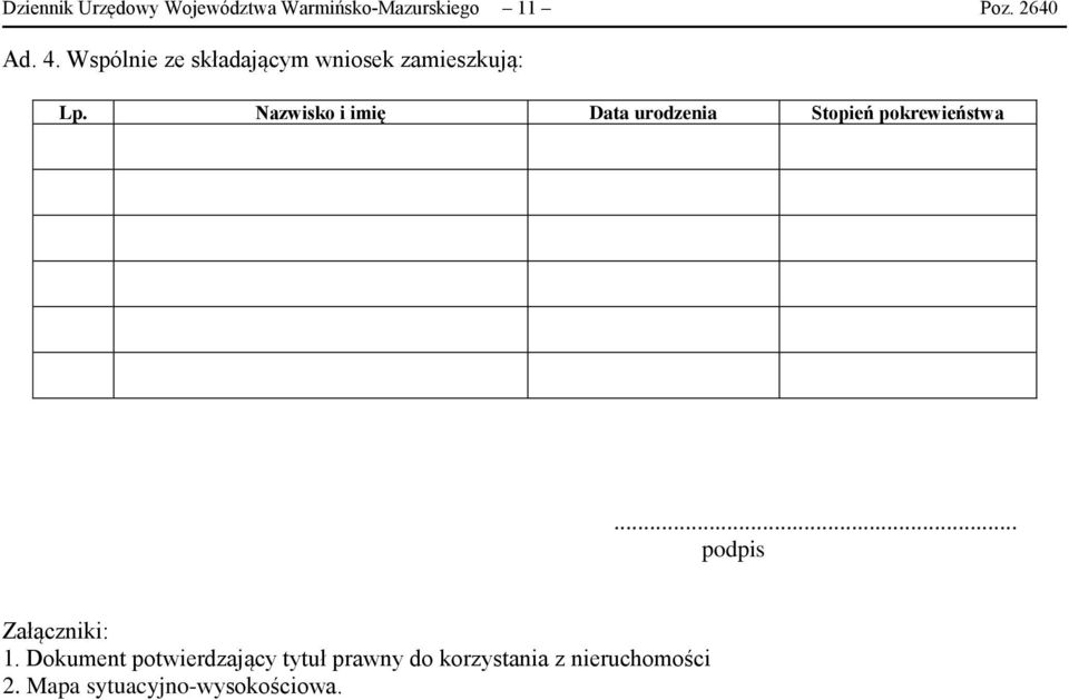 Nazwisko i imię Data urodzenia Stopień pokrewieństwa... podpis Załączniki: 1.