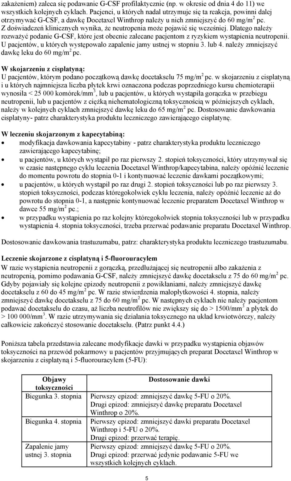 Z doświadczeń klinicznych wynika, że neutropenia może pojawić się wcześniej. Dlatego należy rozważyć podanie G-CSF, które jest obecnie zalecane pacjentom z ryzykiem wystąpienia neutropenii.