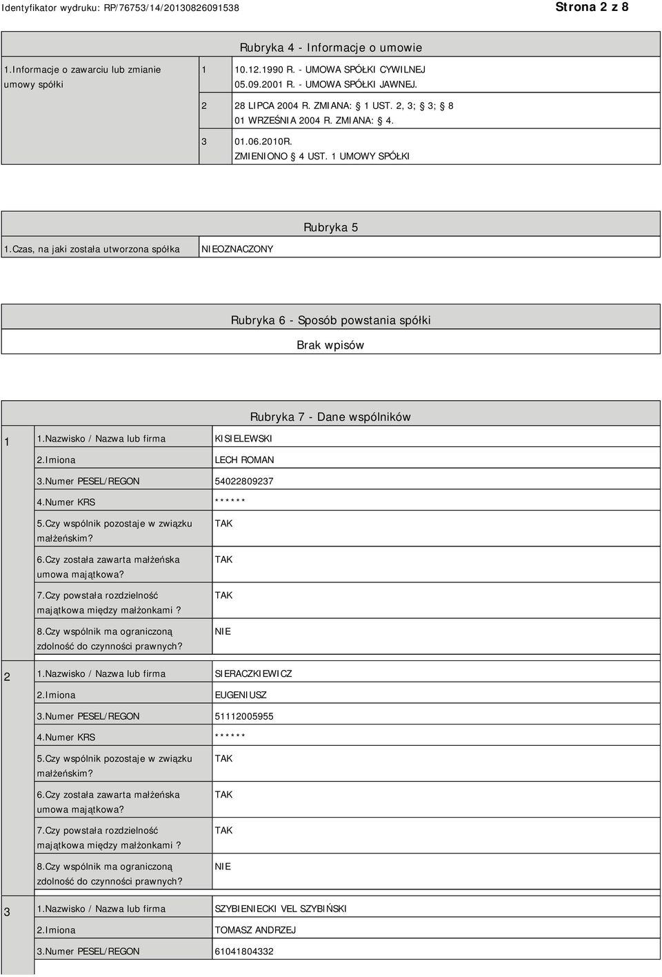 Czas, na jaki została utworzona spółka NIEOZNACZONY Rubryka 6 - Sposób powstania spółki 1 1.Nazwisko / Nazwa lub firma KISIELEWSKI Rubryka 7 - Dane wspólników LECH ROMAN 3.
