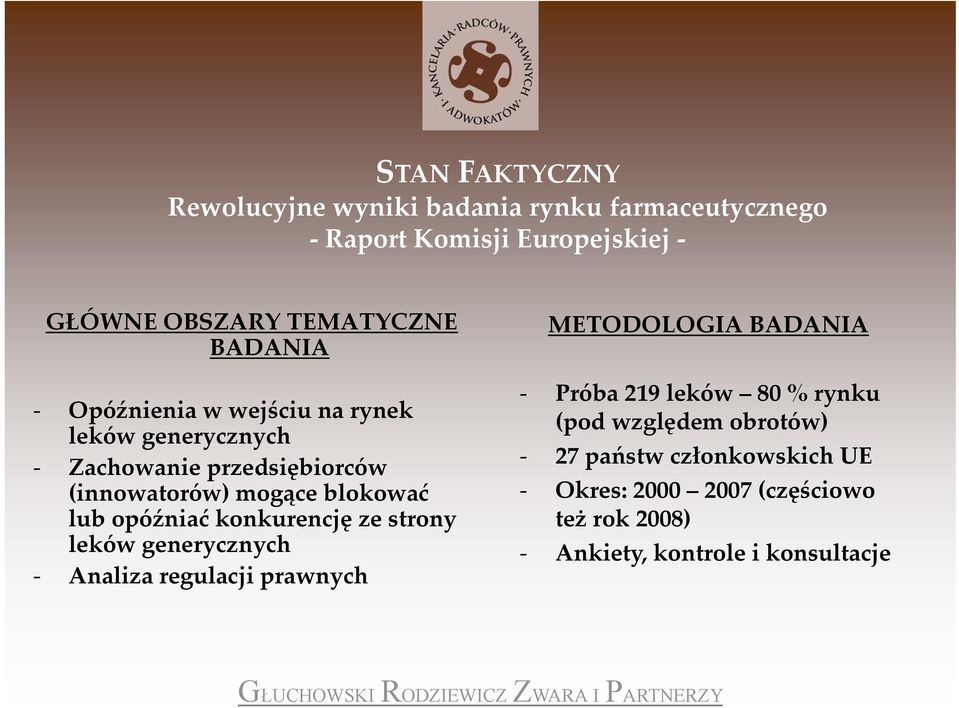 opóźniać konkurencję ze strony leków generycznych Analiza regulacji prawnych METODOLOGIA BADANIA Próba 219 leków 80 % rynku