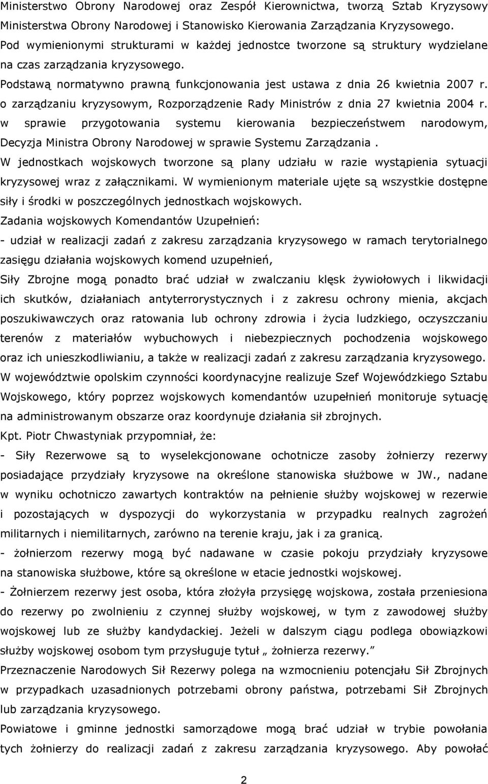 o zarządzaniu kryzysowym, Rozporządzenie Rady Ministrów z dnia 27 kwietnia 2004 r.