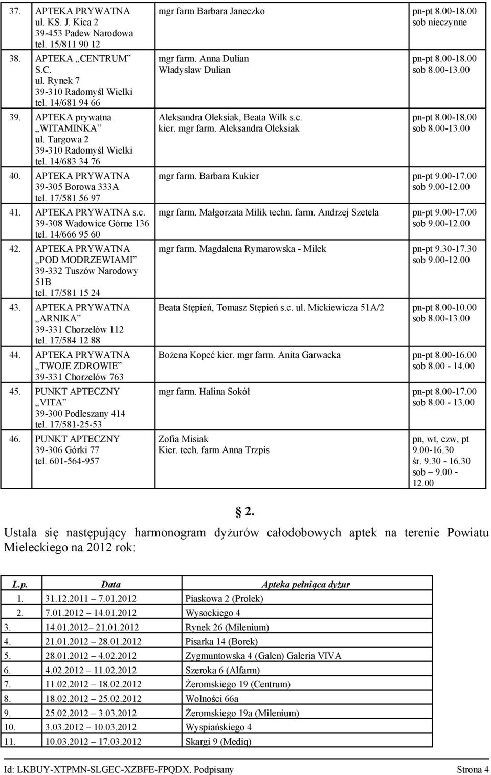 17/581 15 24 ARNIKA 39 331 Chorzelów 112 tel. 17/584 12 88 TWOJE ZDROWIE 39 331 Chorzelów 763 PUNKT APTECZNY VITA 39 300 Podleszany 414 tel. 17/581 25 53 PUNKT APTECZNY 39 306 Górki 77 tel.