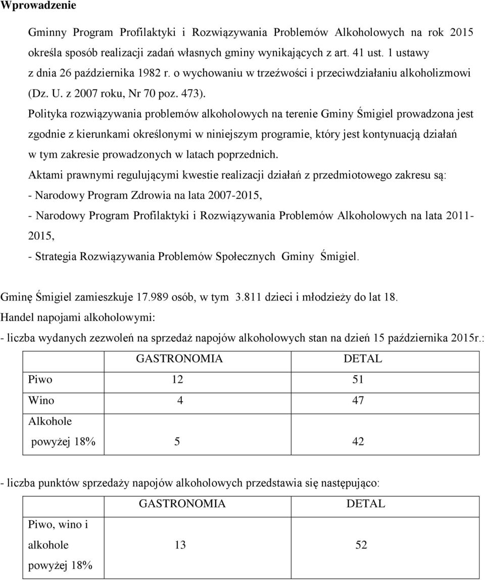 Polityka rozwiązywania problemów alkoholowych na terenie Gminy Śmigiel prowadzona jest zgodnie z kierunkami określonymi w niniejszym programie, który jest kontynuacją działań w tym zakresie