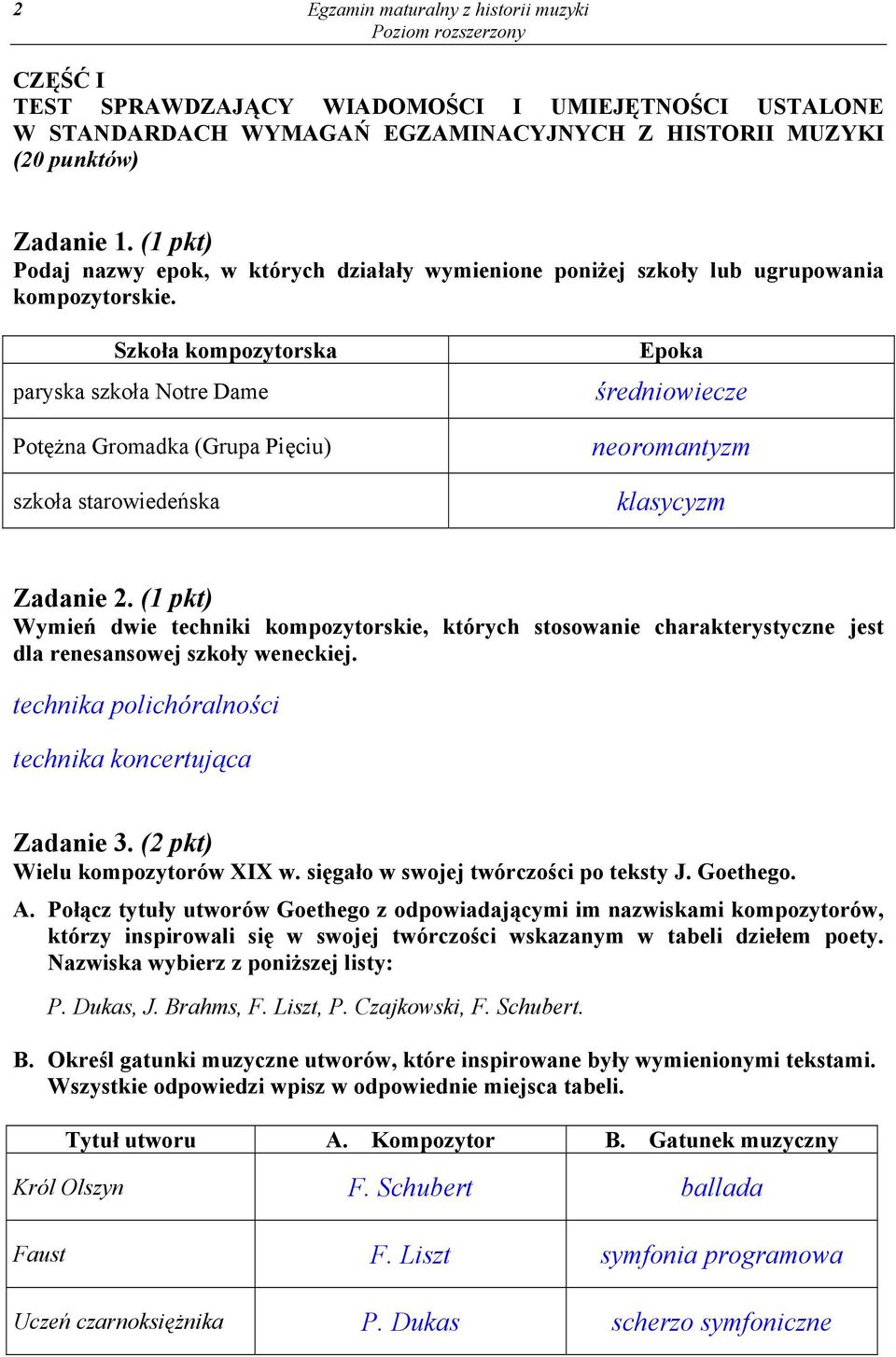 Szkoła kompozytorska paryska szkoła Notre Dame Potężna Gromadka (Grupa Pięciu) szkoła starowiedeńska Epoka średniowiecze neoromantyzm klasycyzm Zadanie 2.