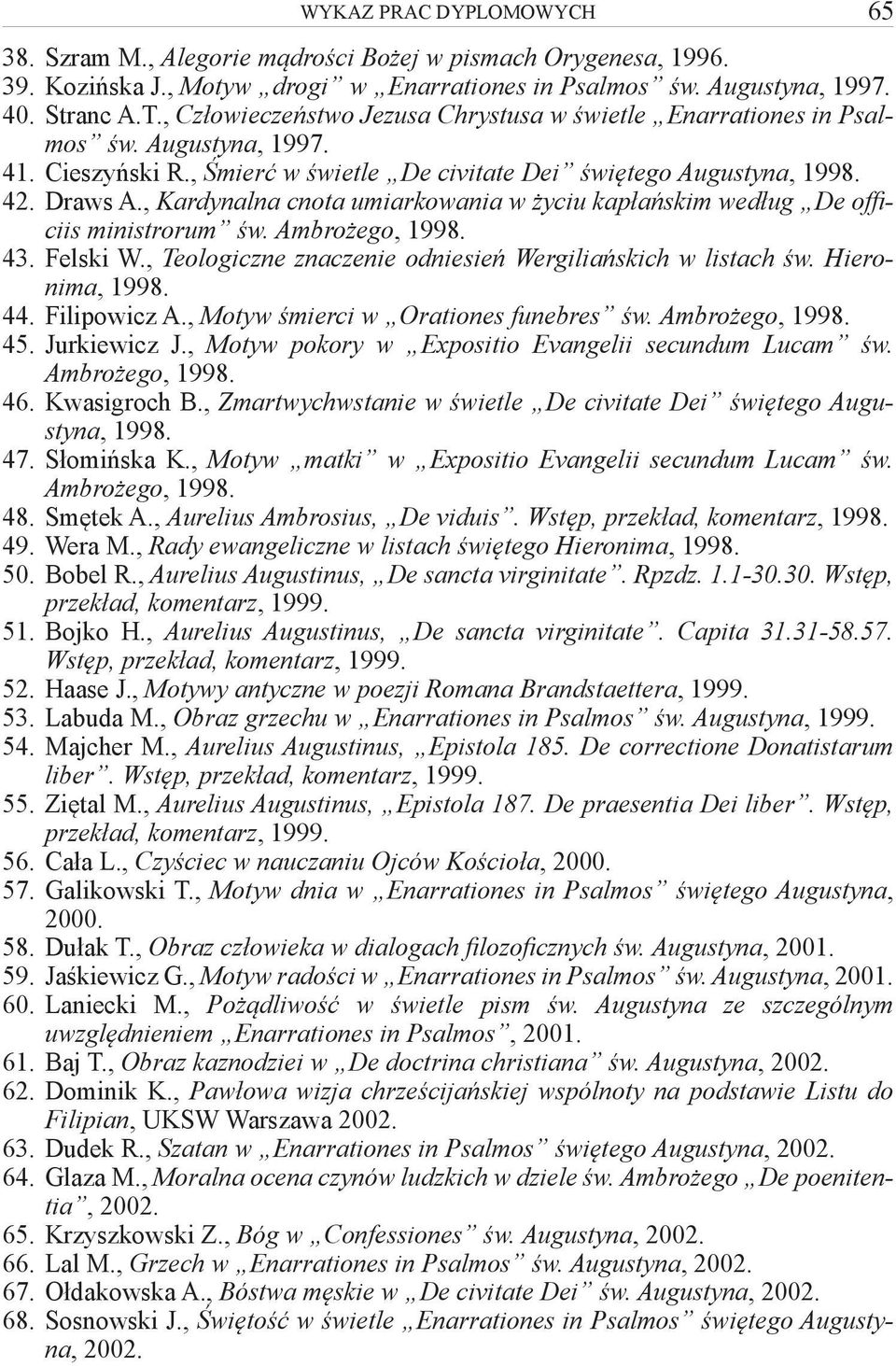 , Kardynalna cnota umiarkowania w życiu kapłańskim według De officiis ministrorum św. Ambrożego, 1998. 43. Felski W., Teologiczne znaczenie odniesień Wergiliańskich w listach św. Hieronima, 1998. 44.
