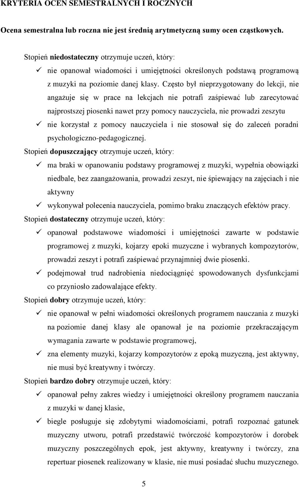 Często był nieprzygotowany do lekcji, nie angażuje się w prace na lekcjach nie potrafi zaśpiewać lub zarecytować najprostszej piosenki nawet przy pomocy nauczyciela, nie prowadzi zeszytu nie