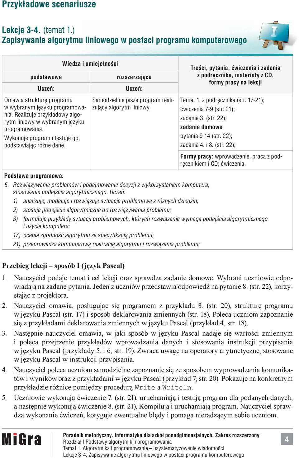 Wiedza i umiejętności rozszerzające Uczeń: Samodzielnie pisze program realizujący algorytm liniowy. Treści, pytania, ćwiczenia i zadania z podręcznika, materiały z CD, formy pracy na lekcji Temat 1.