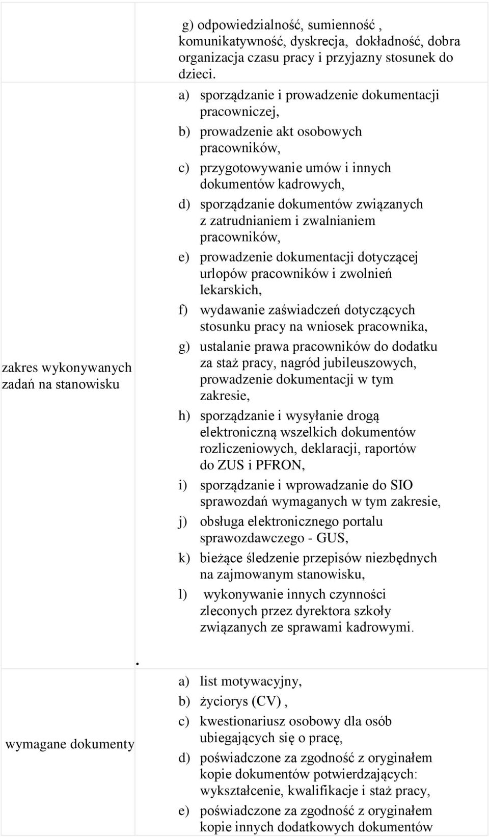 zatrudnianiem i zwalnianiem pracowników, e) prowadzenie dokumentacji dotyczącej urlopów pracowników i zwolnień lekarskich, f) wydawanie zaświadczeń dotyczących stosunku pracy na wniosek pracownika,