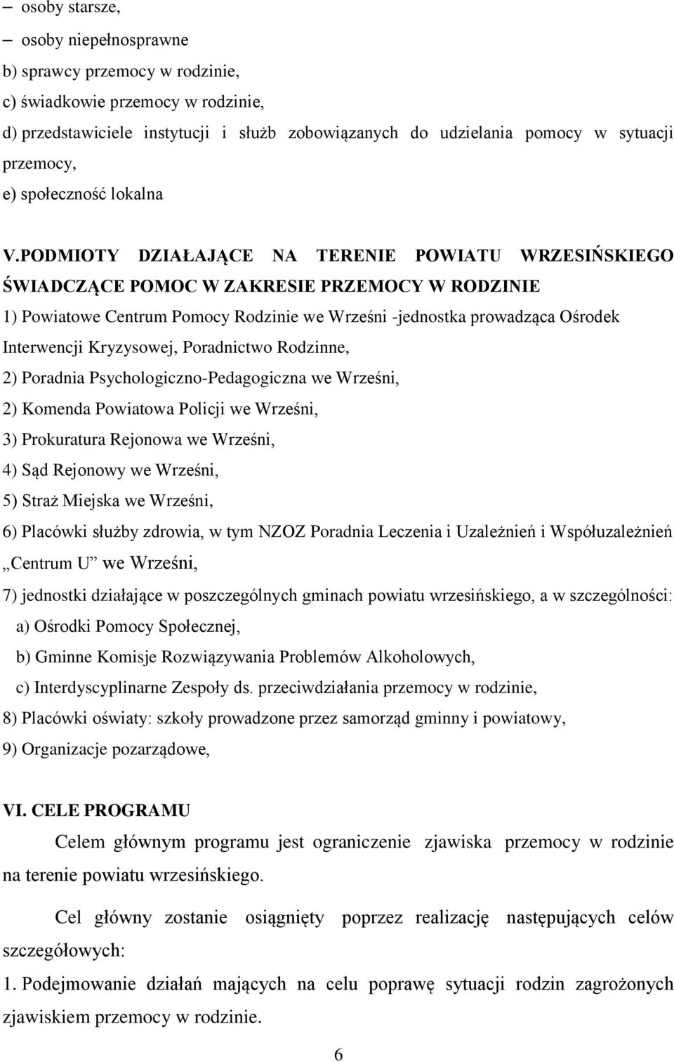 PODMIOTY DZIAŁAJĄCE NA TERENIE POWIATU WRZESIŃSKIEGO ŚWIADCZĄCE POMOC W ZAKRESIE PRZEMOCY W RODZINIE 1) Powiatowe Centrum Pomocy Rodzinie we Wrześni -jednostka prowadząca Ośrodek Interwencji