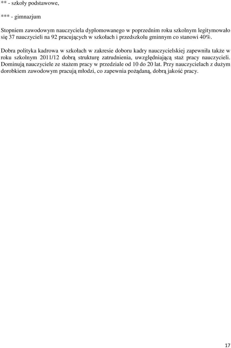 Dobra polityka kadrowa w szkołach w zakresie doboru kadry nauczycielskiej zapewniła także w roku szkolnym 2011/12 dobrą strukturę