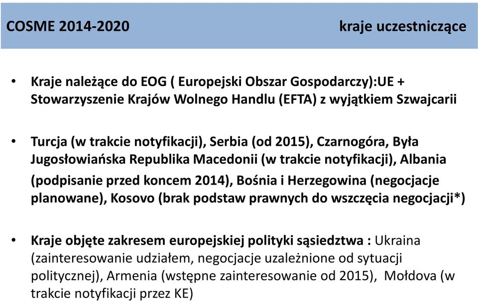 2014), Bośnia i Herzegowina (negocjacje planowane), Kosovo (brak podstaw prawnych do wszczęcia negocjacji*) Kraje objęte zakresem europejskiej polityki sąsiedztwa