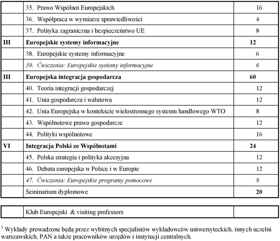 Unia gospodarcza i walutowa 12 42. Unia Europejska w kontekście wielostronnego systemu handlowego WTO 8 43. Wspólnotowe prawo gospodarcze 12 44.