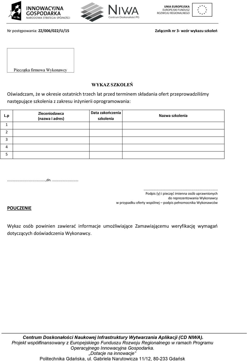 p 1 Zleceniodawca (nazwa i adres) Data zakończenia szkolenia Nazwa szkolenia 2 3 4 5...,dn.... POUCZENIE.