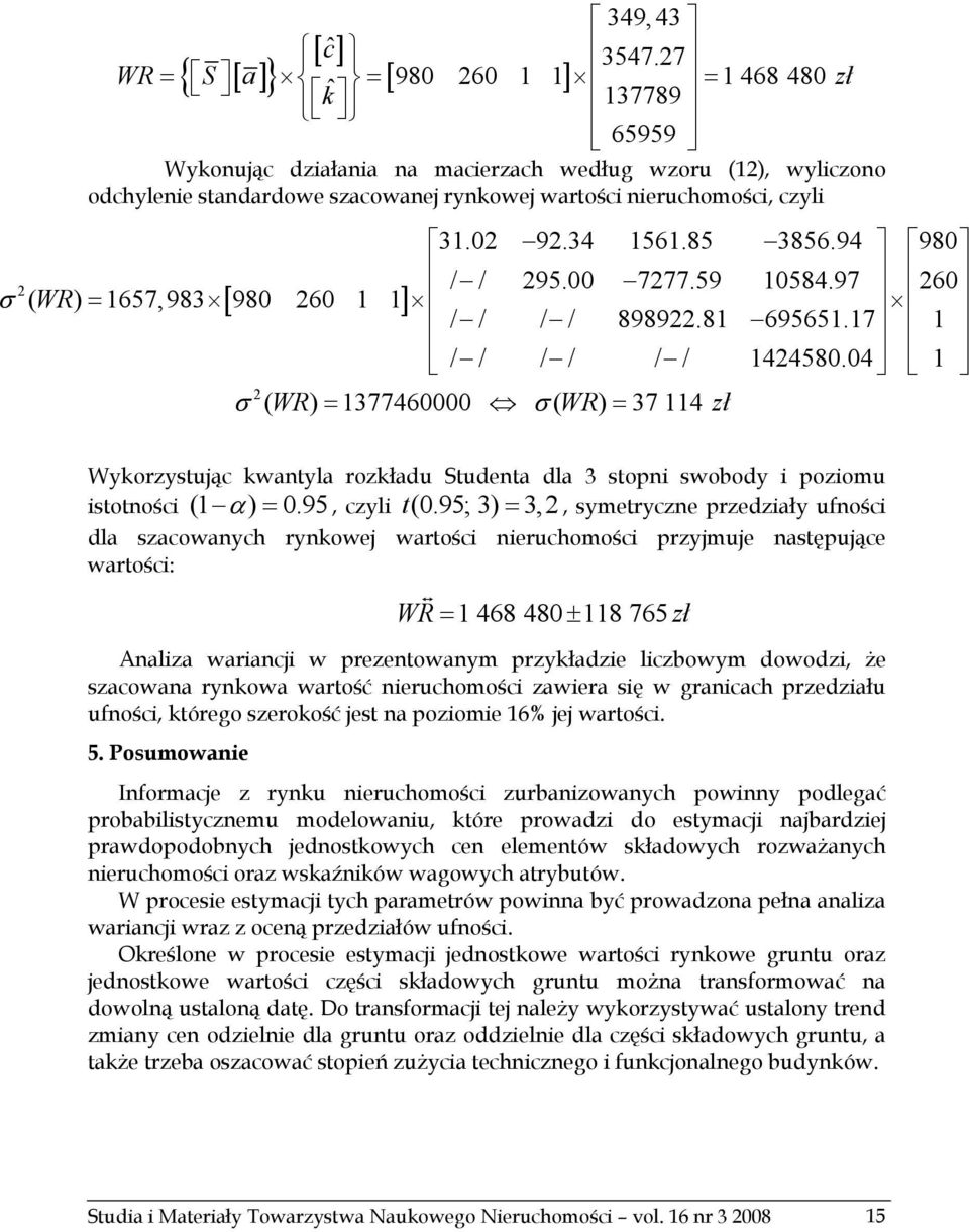 czyli 31.02 92.34 1561.85 3856.94 980 2 / / 295.00 7277.59 10584.97 260 σ ( WR) = 1657,983 [ 980 260 1 1] / / / / 898922.81 695651.17 1 / / / / / / 1424580.