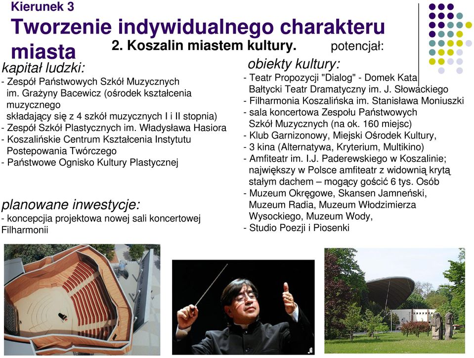 Władysława Hasiora - Koszalińskie Centrum Kształcenia Instytutu Postepowania Twórczego - Państwowe Ognisko Kultury Plastycznej planowane inwestycje: - koncepcjia projektowa nowej sali koncertowej
