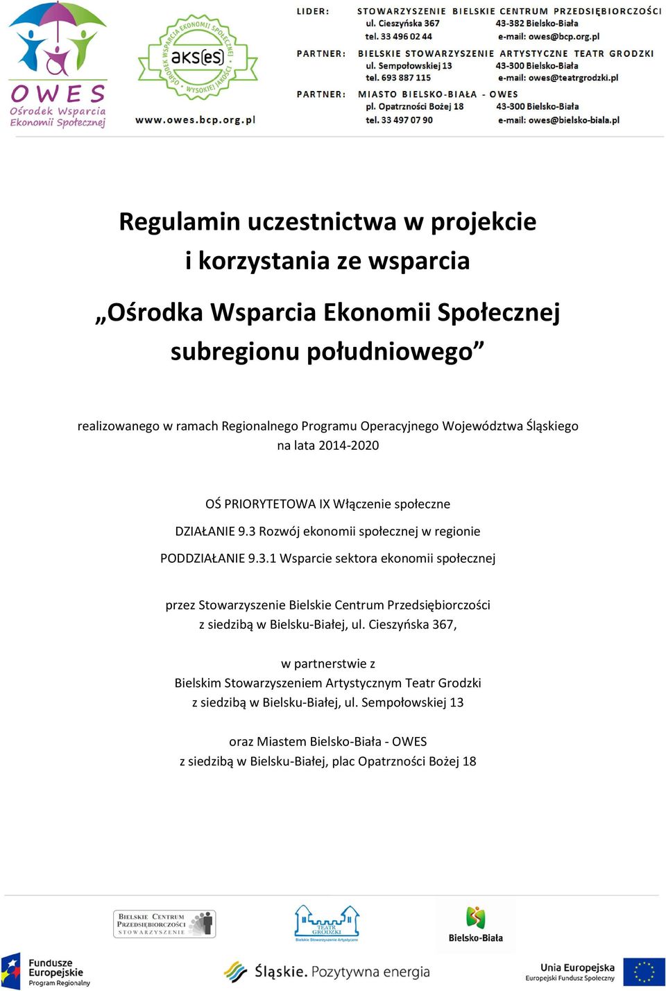 Rozwój ekonomii społecznej w regionie PODDZIAŁANIE 9.3.