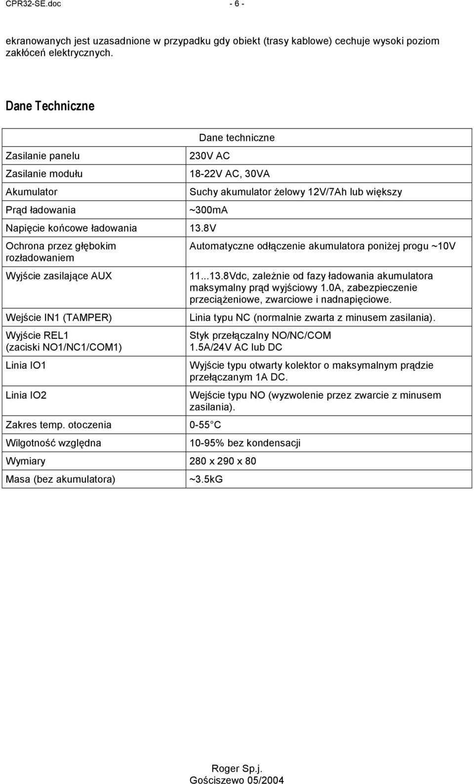 8V Ochrona przez głębokim rozładowaniem Wyjście zasilające AUX Wejście IN1 (TAMPER) Wyjście REL1 (zaciski NO1/NC1/COM1) Linia IO1 Linia IO2 Zakres temp.