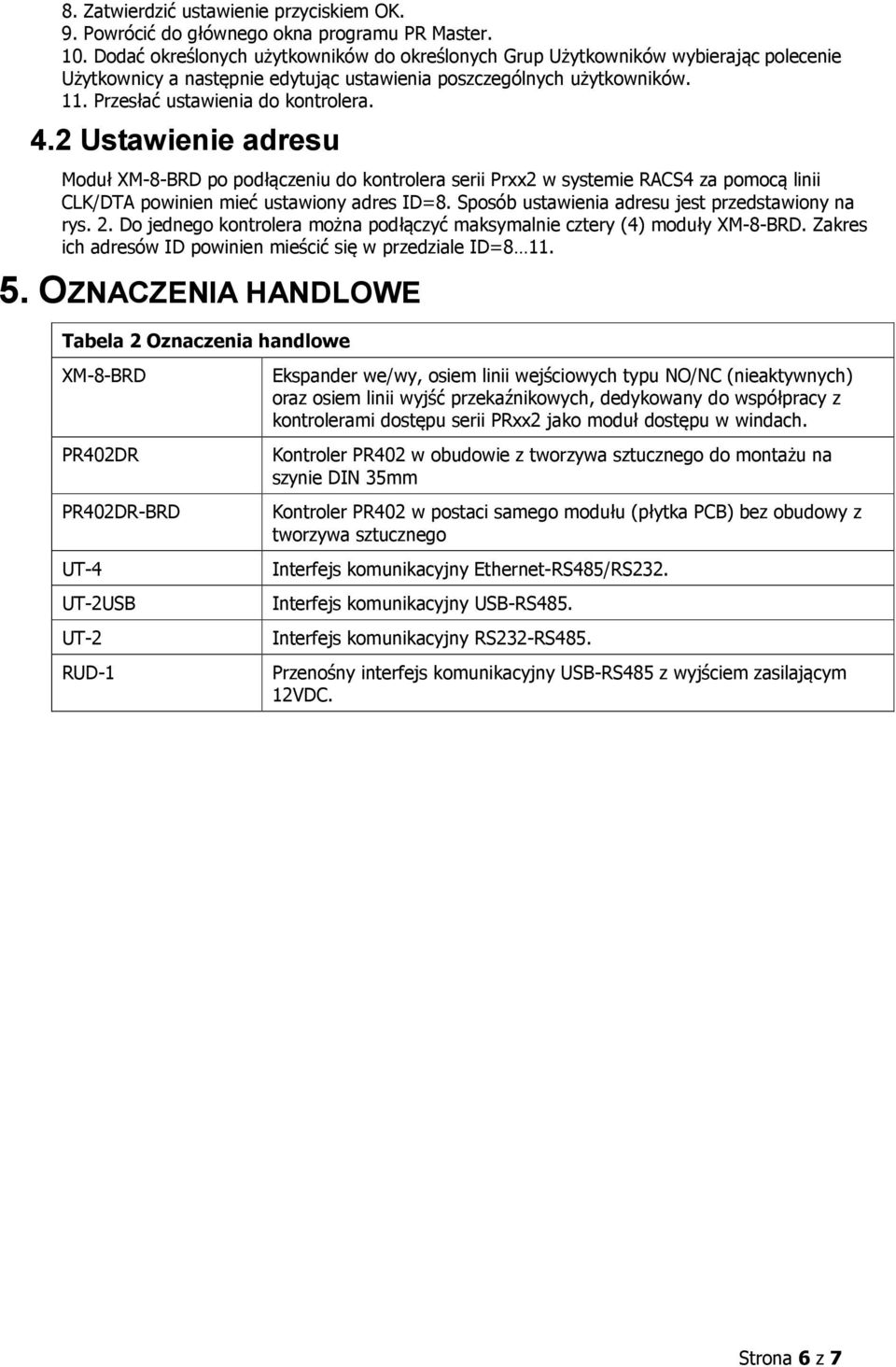 2 Ustawienie adresu Moduł XM-8-BRD po podłączeniu do kontrolera serii Prxx2 w systemie RACS4 za pomocą linii CLK/DTA powinien mieć ustawiony adres ID=8.