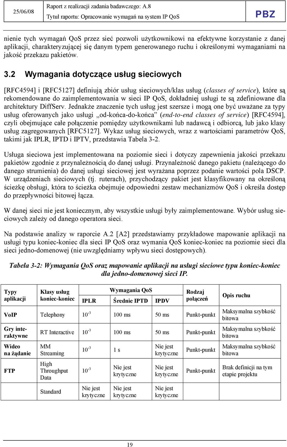 2 Wymagania dotyczące usług sieciowych [RFC4594] i [RFC5127] definiują zbiór usług sieciowych/klas usług (classes of service), które są rekomendowane do zaimplementowania w sieci IP QoS, dokładniej