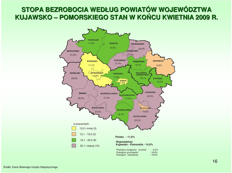 17,9% TORUŃ 7,3% GOLUBSKO -DOBRZYŃSKI 19,1% RYPIŃSKI 16,3% śniński 23,3% INOWROCŁAWSKI 21,3% ALEKSANDROWSKI 17,5% LIPNOWSKI 22,9% MOGILEŃSKI 20,5% w procentach: 12,0 i mniej (3)