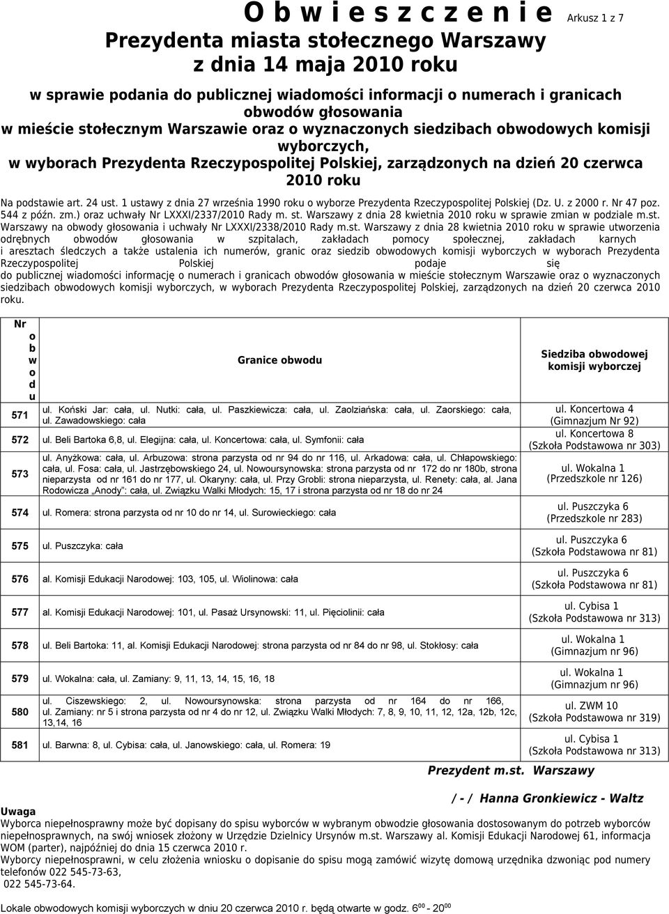 1 stay z nia 27 rześnia 1990 rk yrze Prezyenta Rzeczypsplitej Plskiej (Dz. U. z 2000 r. 47 pz. 544 z późn. zm.) raz chały LXXXI/2337/2010 Ray m. st. Warszay z nia 28 kietnia 2010 rk spraie zmian pziale m.