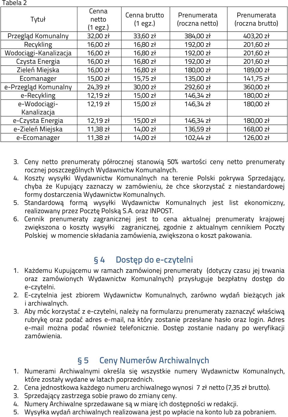 zł 192,00 zł 201,60 zł Czysta Energia 16,00 zł 16,80 zł 192,00 zł 201,60 zł Zieleń Miejska 16,00 zł 16,80 zł 180,00 zł 189,00 zł Ecomanager 15,00 zł 15,75 zł 135,00 zł 141,75 zł e-przegląd Komunalny