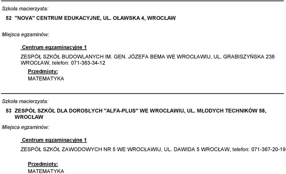 GRABISZYŃSKA 236, telefon: 071-363-34-12 53 ZESPÓŁ SZKÓŁ DLA DOROSŁYCH