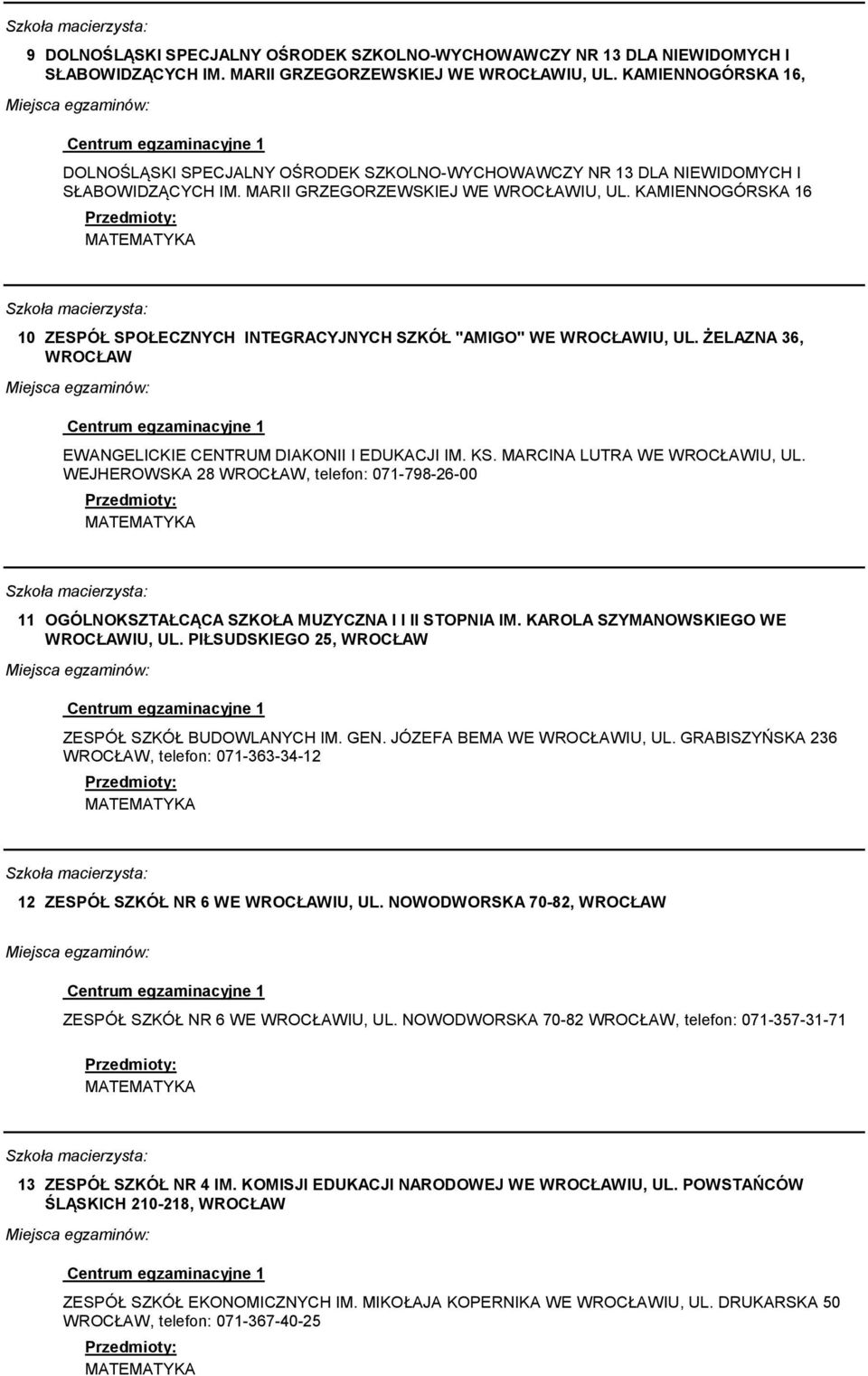 KAMIENNOGÓRSKA 16 10 ZESPÓŁ SPOŁECZNYCH INTEGRACYJNYCH SZKÓŁ "AMIGO" WE IU, UL. ŻELAZNA 36, EWANGELICKIE CENTRUM DIAKONII I EDUKACJI IM. KS. MARCINA LUTRA WE IU, UL.