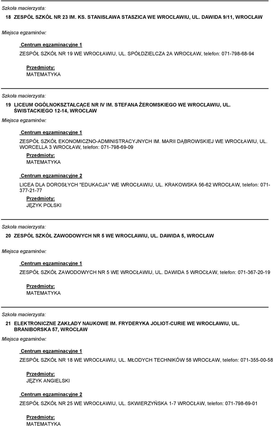 WORCELLA 3, telefon: 071-798-69-09 LICEA DLA DOROSŁYCH "EDUKACJA" WE IU, UL. KRAKOWSKA 56-62, telefon: 071-377-21-77 JĘZYK POLSKI 20 ZESPÓŁ SZKÓŁ ZAWODOWYCH NR 5 WE IU, UL.