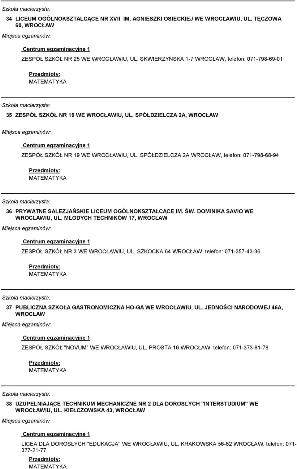 MŁODYCH TECHNIKÓW 17, ZESPÓŁ SZKÓŁ NR 3 WE IU, UL. SZKOCKA 64, telefon: 071-357-43-36 37 PUBLICZNA SZKOŁA GASTRONOMICZNA HO-GA WE IU, UL.