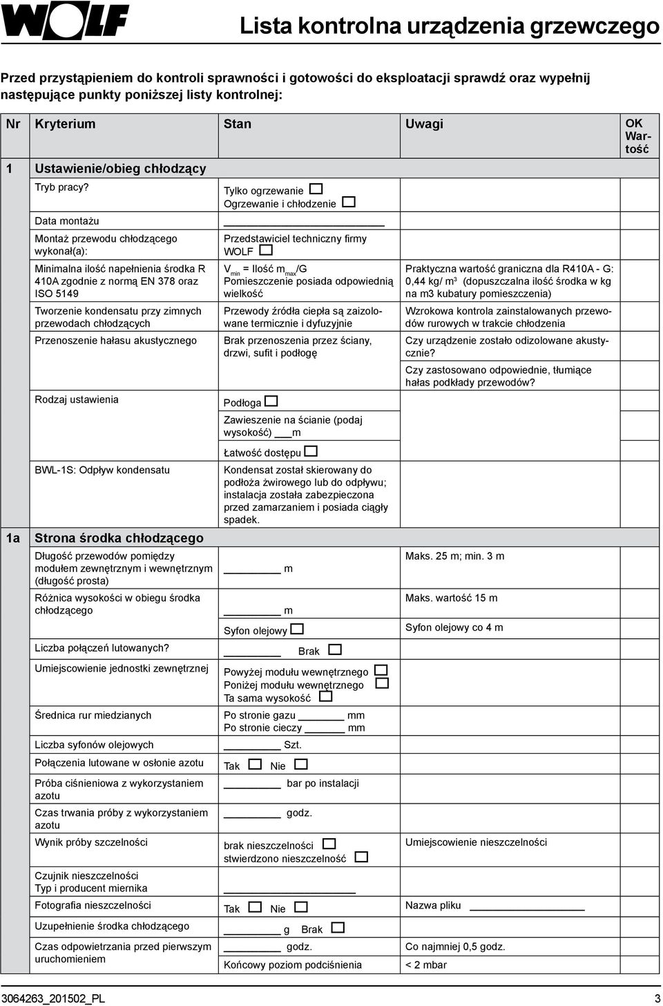 Data montażu Montaż przewodu chłodzącego wykonał(a): Minimalna ilość napełnienia środka R 410A zgodnie z normą EN 78 oraz ISO 5149 Tworzenie kondensatu przy zimnych przewodach chłodzących