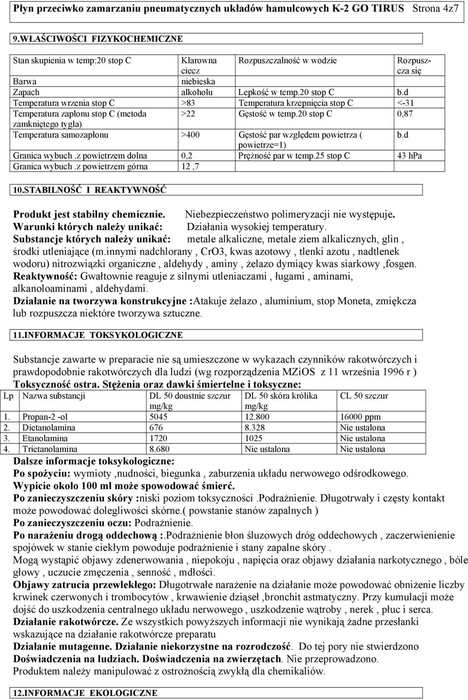 d Temperatura wrzenia stop C >83 Temperatura krzepnięcia stop C <-31 Temperatura zapłonu stop C (metoda >22 Gęstość w temp.