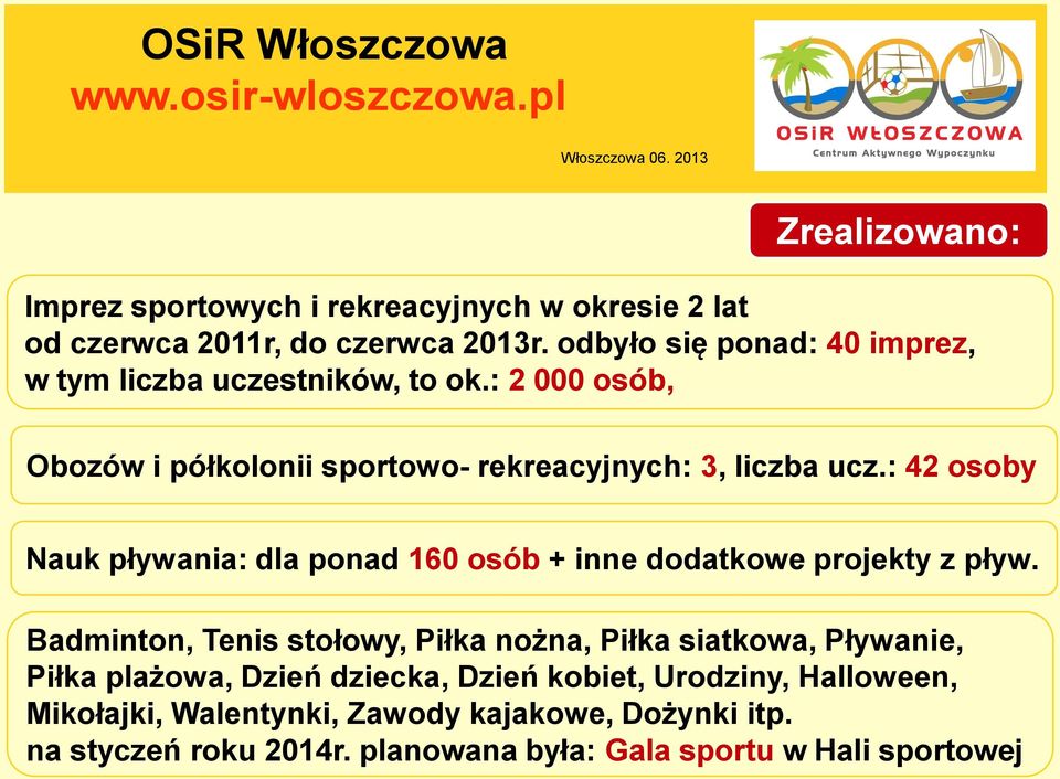 : 42 osoby Nauk pływania: dla ponad 160 osób + inne dodatkowe projekty z pływ.