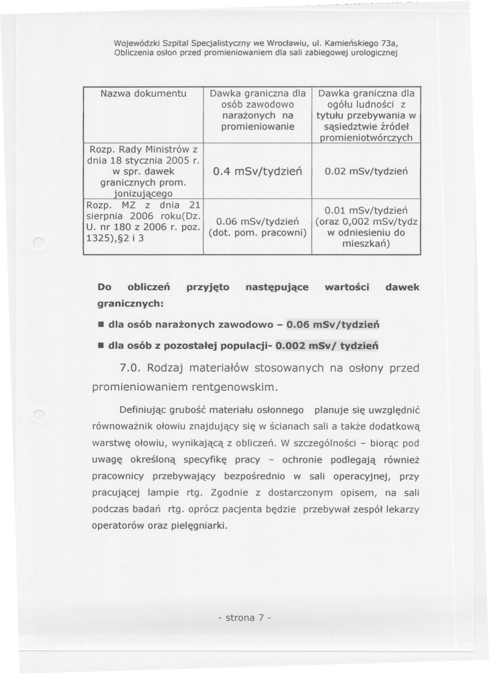 Rady Ministrów z dnia 18 stycznia 2005 r. w spr. dawek 0.4 msv/tydzien 0.02 msv/tydzien granicznych prom. jonizujacego Rozp. MZ z dnia 21 sierpnia 2006 roku(dz. U. nr 180 z 2006 r. poz.