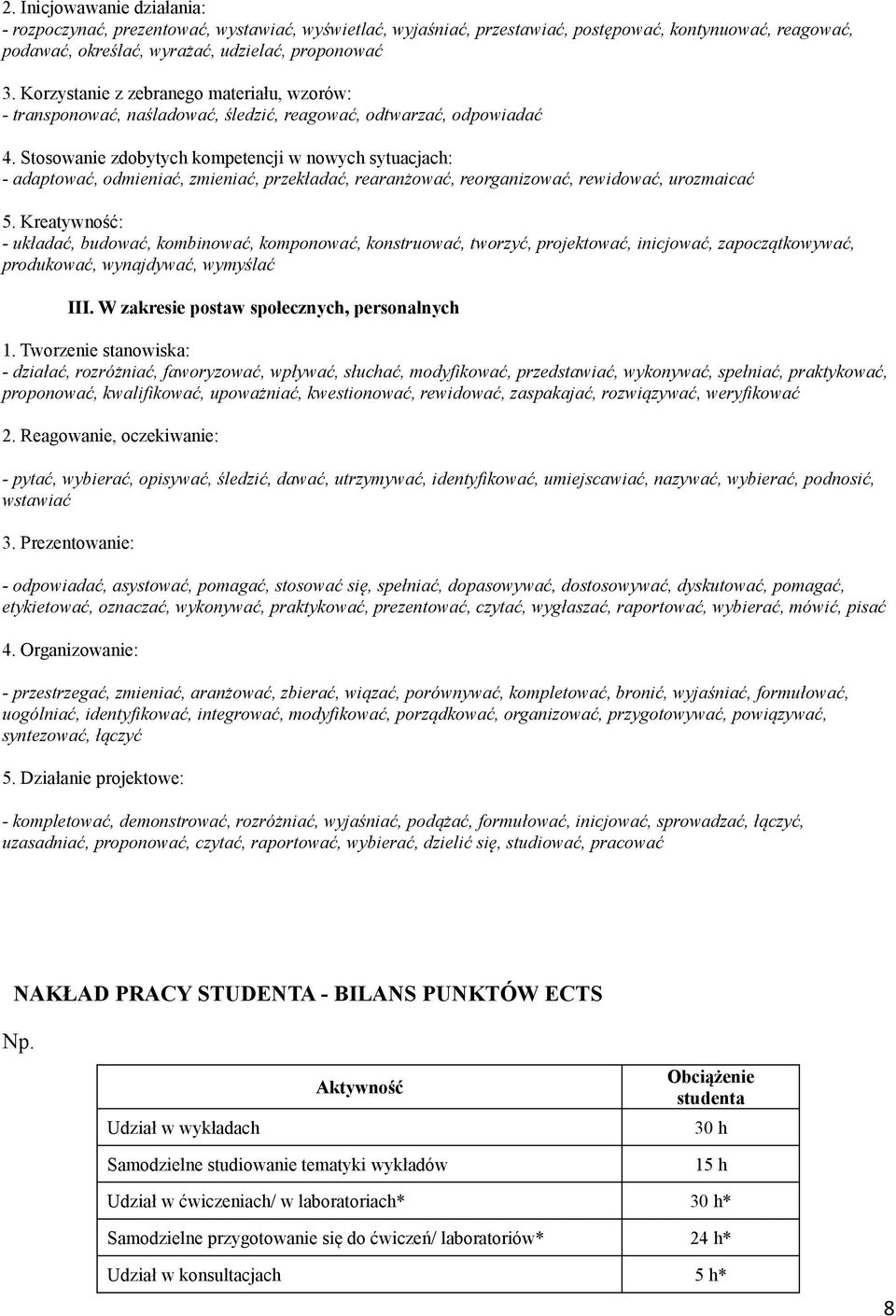 Stosowanie zdobytych kompetencji w nowych sytuacjach: - adaptować, odmieniać, zmieniać, przekładać, rearanżować, reorganizować, rewidować, urozmaicać 5.