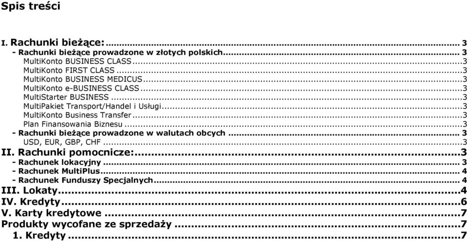 ..3 MultiKonto Business Transfer...3 Plan Finansowania Biznesu...3 - Rachunki bieżące prowadzone w walutach obcych... 3 USD, EUR, GBP, CHF...3 II.