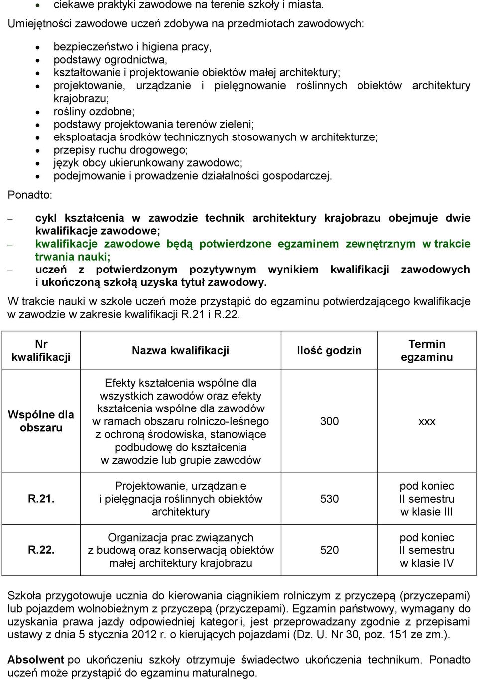 projektowanie, urządzanie i pielęgnowanie roślinnych obiektów architektury rośliny ozdobne; podstawy projektowania terenów zieleni; eksploatacja środków technicznych stosowanych w architekturze;