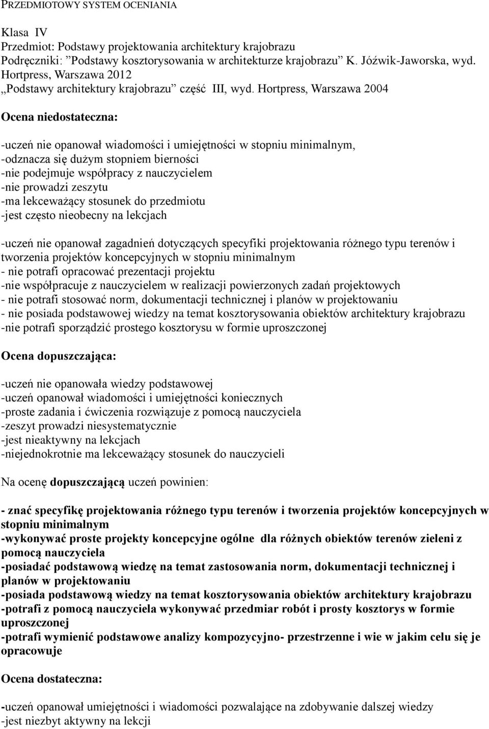 Hortpress, Warszawa 2004 Ocena niedostateczna: -uczeń nie opanował wiadomości i umiejętności w stopniu minimalnym, -odznacza się dużym stopniem bierności -nie podejmuje współpracy z nauczycielem -nie