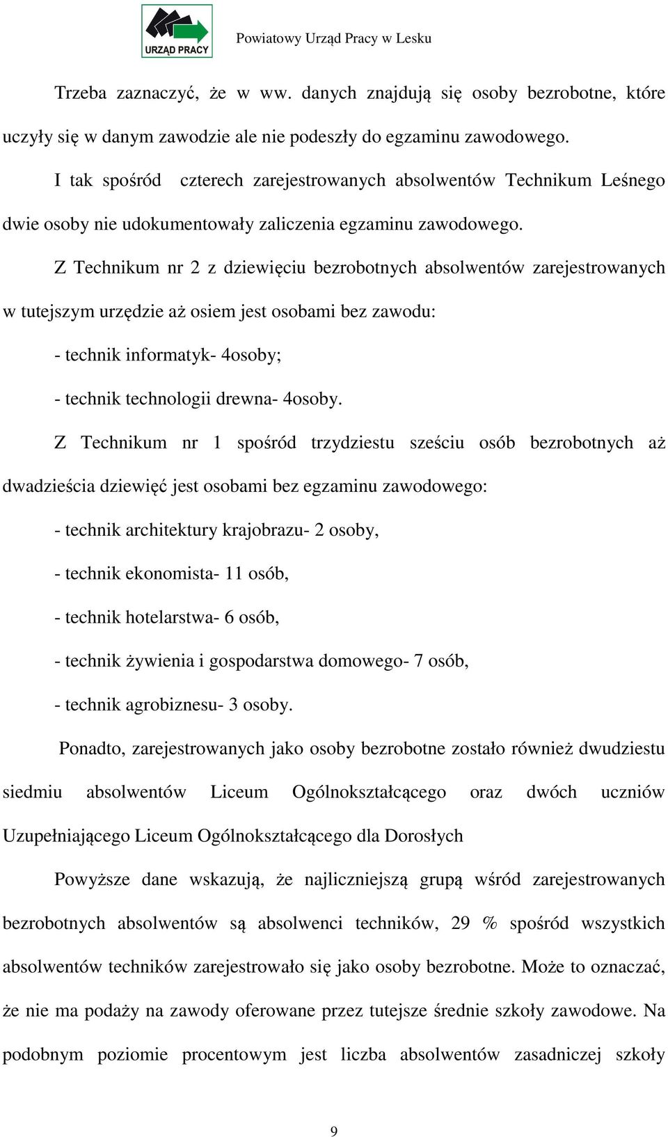 Z Technikum nr 2 z dziewięciu bezrobotnych absolwentów zarejestrowanych w tutejszym urzędzie aż osiem jest osobami bez zawodu: - technik informatyk- 4osoby; - technik technologii drewna- 4osoby.